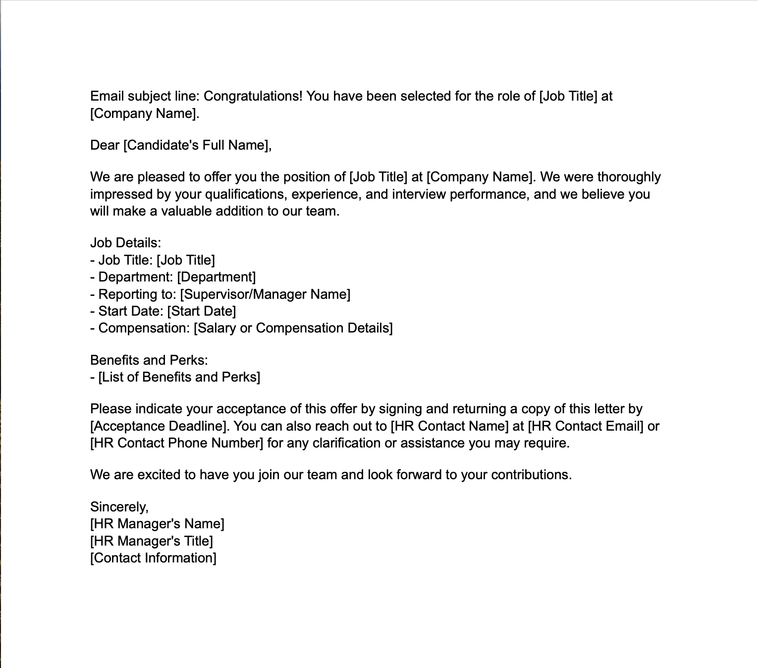 standard offer letter template